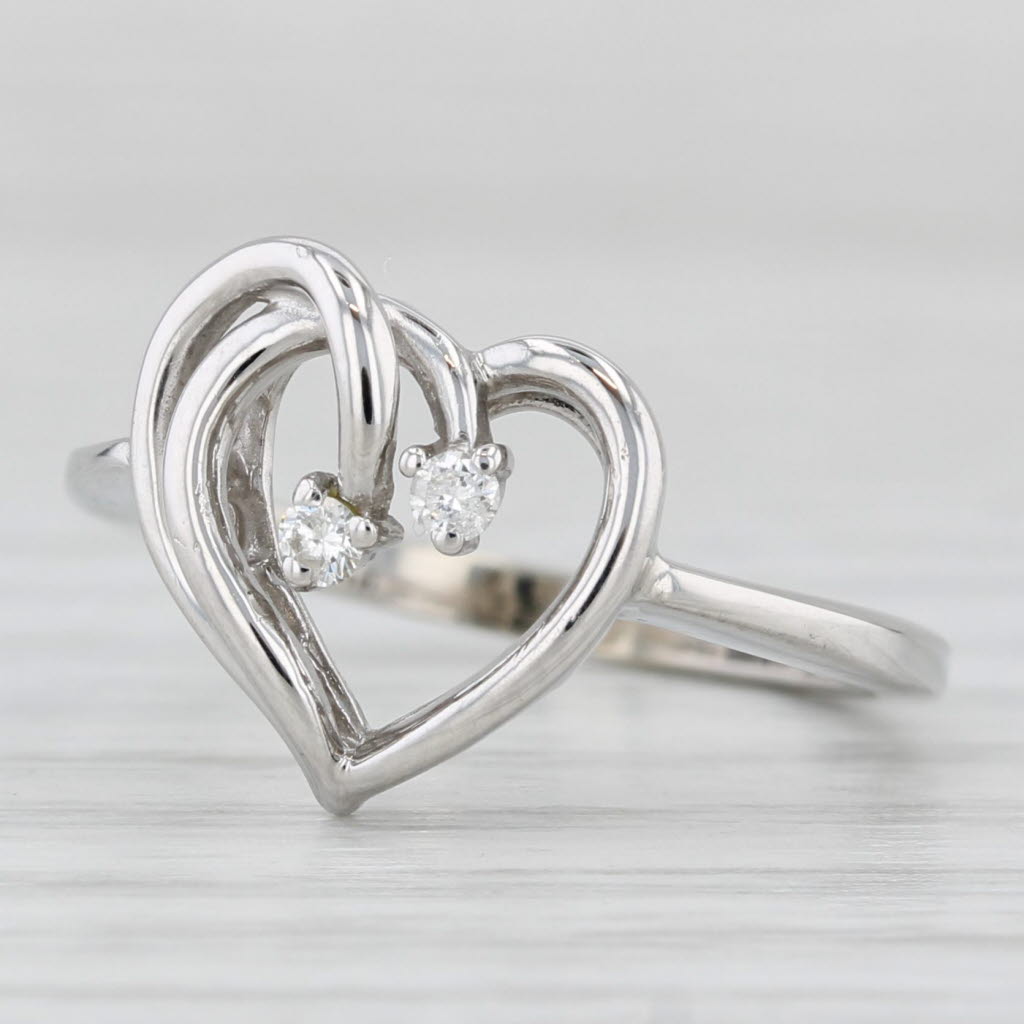 Light Gray Two Diamonds Inside Open Heart Ring 14k White Gold Size 4.5