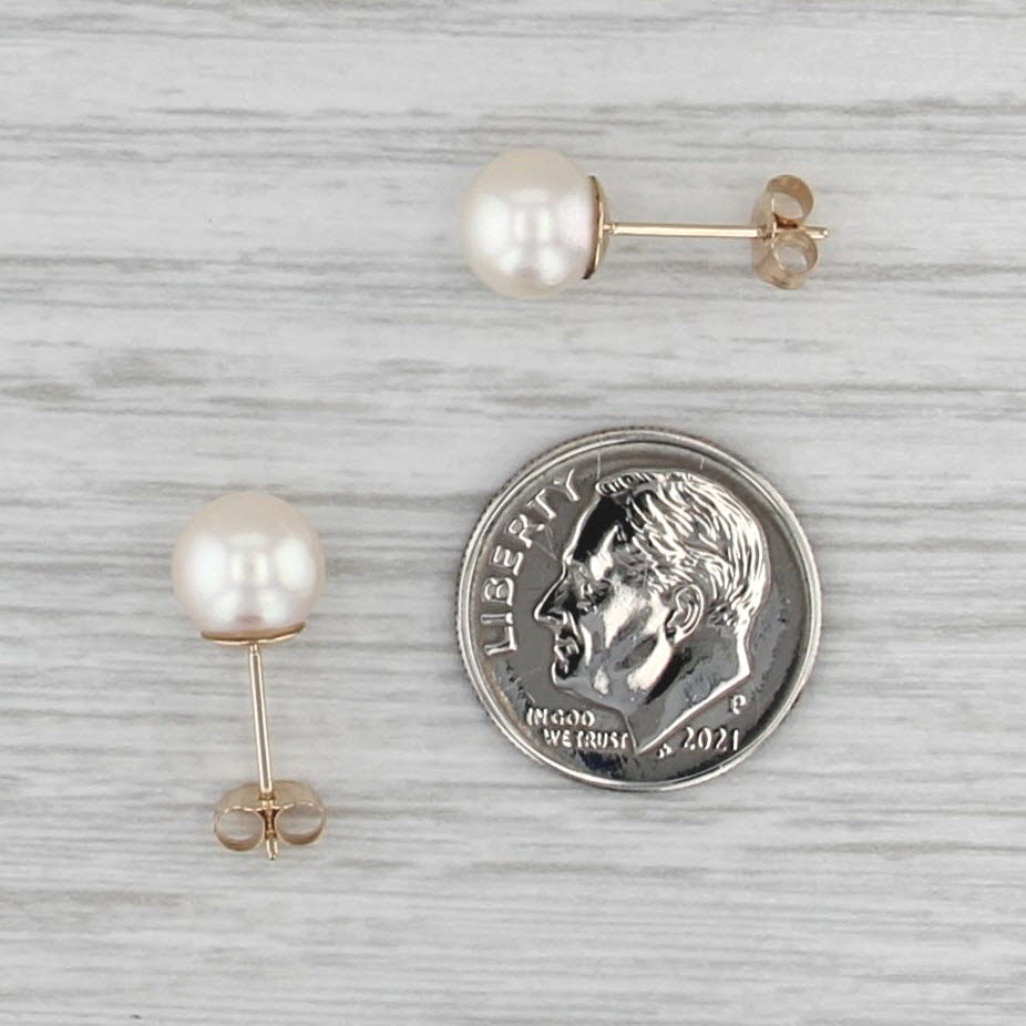 Cultured Pearl Stud Earrings 14k Yellow Gold 7.4mm Round Solitaire Studs
