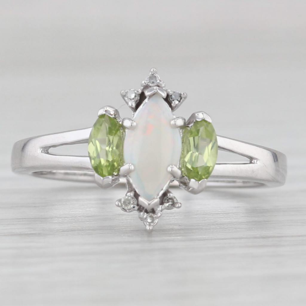 Light Gray Opal Peridot Diamond Ring 14k White Gold Size 7 Marquise Cabochon