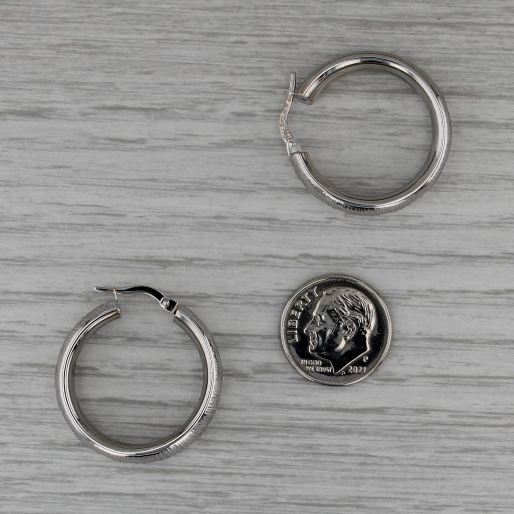 Etched Textured Hoop Earrings 18k White Gold Snap Top Round Hoops
