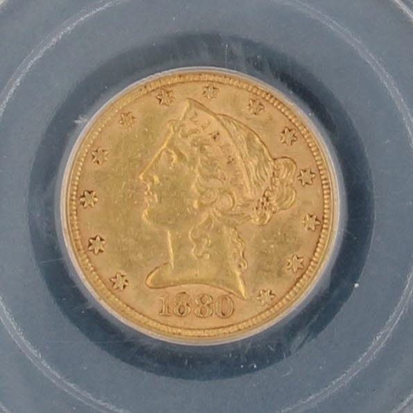 1880 Liberty Fine Gold Coin US $5 Eagle AU53 PCGS Certificate Case