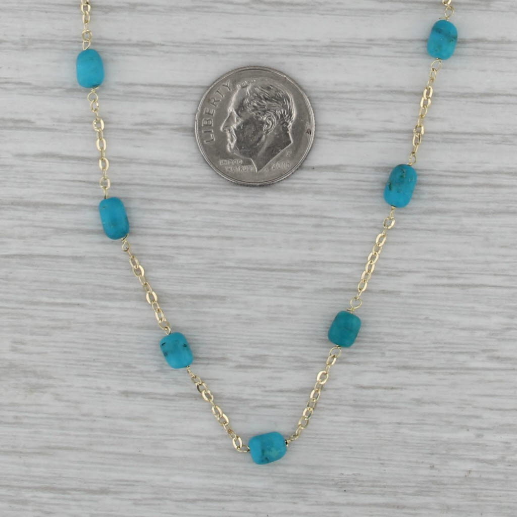 Turquoise Bead Station Necklace 14k Yellow Gold 18.25" Cable Chain Italy