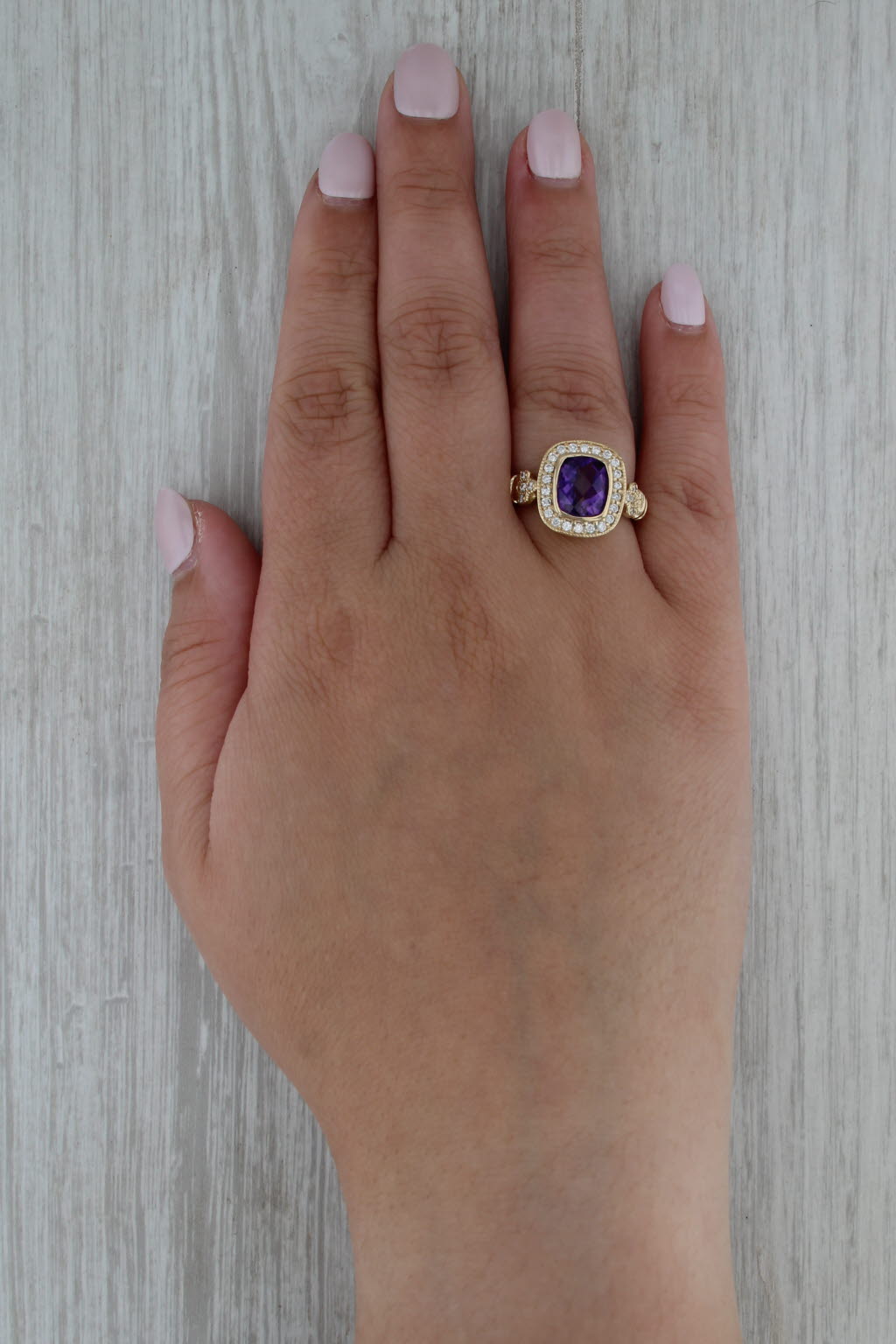 2.90ctw Amethyst Halo Ring 14k Yellow Gold Size 6.75 Openwork Flowers