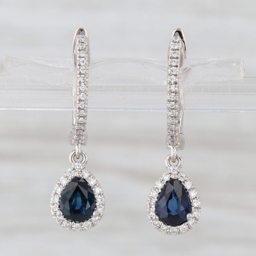 New 1ctw Sapphire Diamond Halo Teardrop Hoop Earrings 14k Gold Hinged