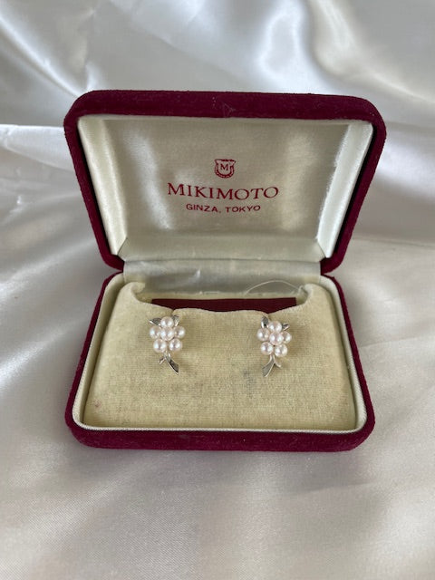 Dark Gray Mikimoto Pearl Cluster Stud Earrings Sterling Silver w/ Box