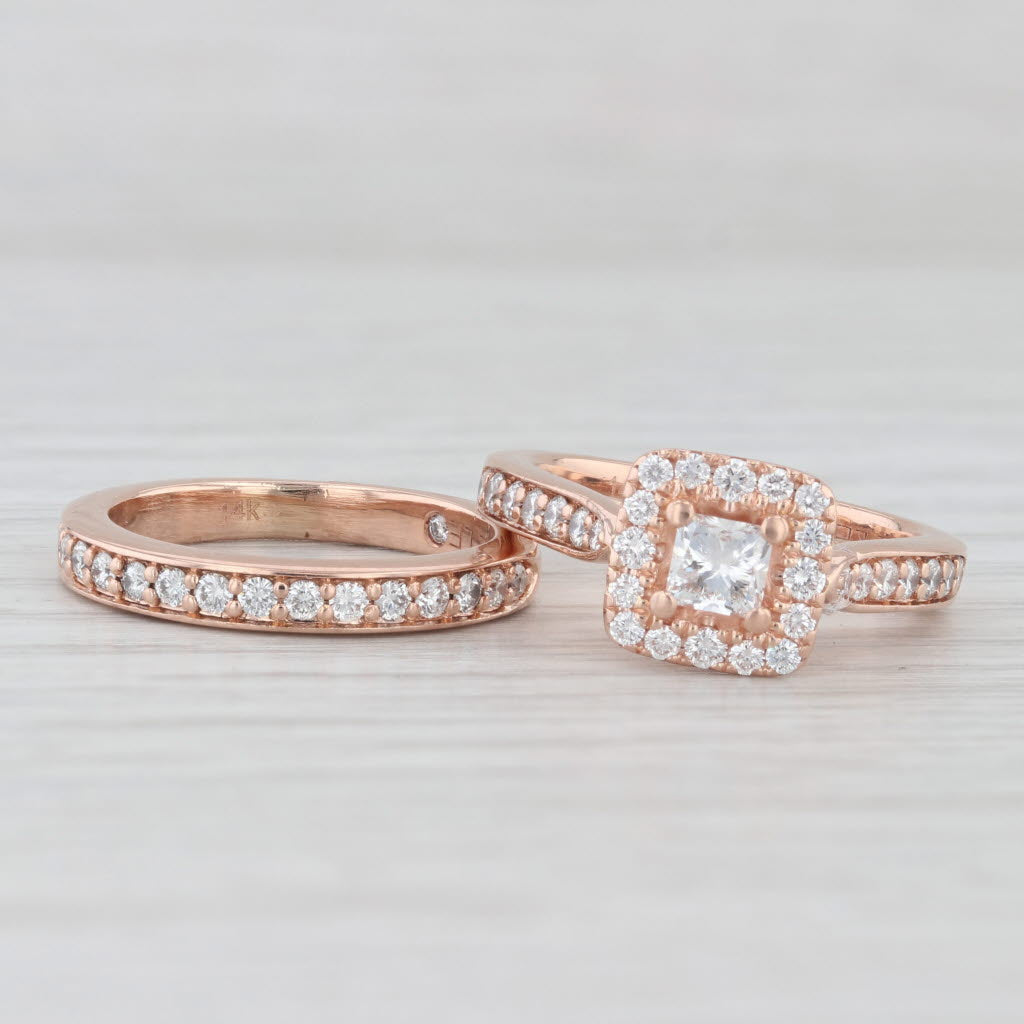 Light Gray LEO 1ctw Princess Halo Diamond Engagement Ring Wedding Band Bridal 14k Rose Gold