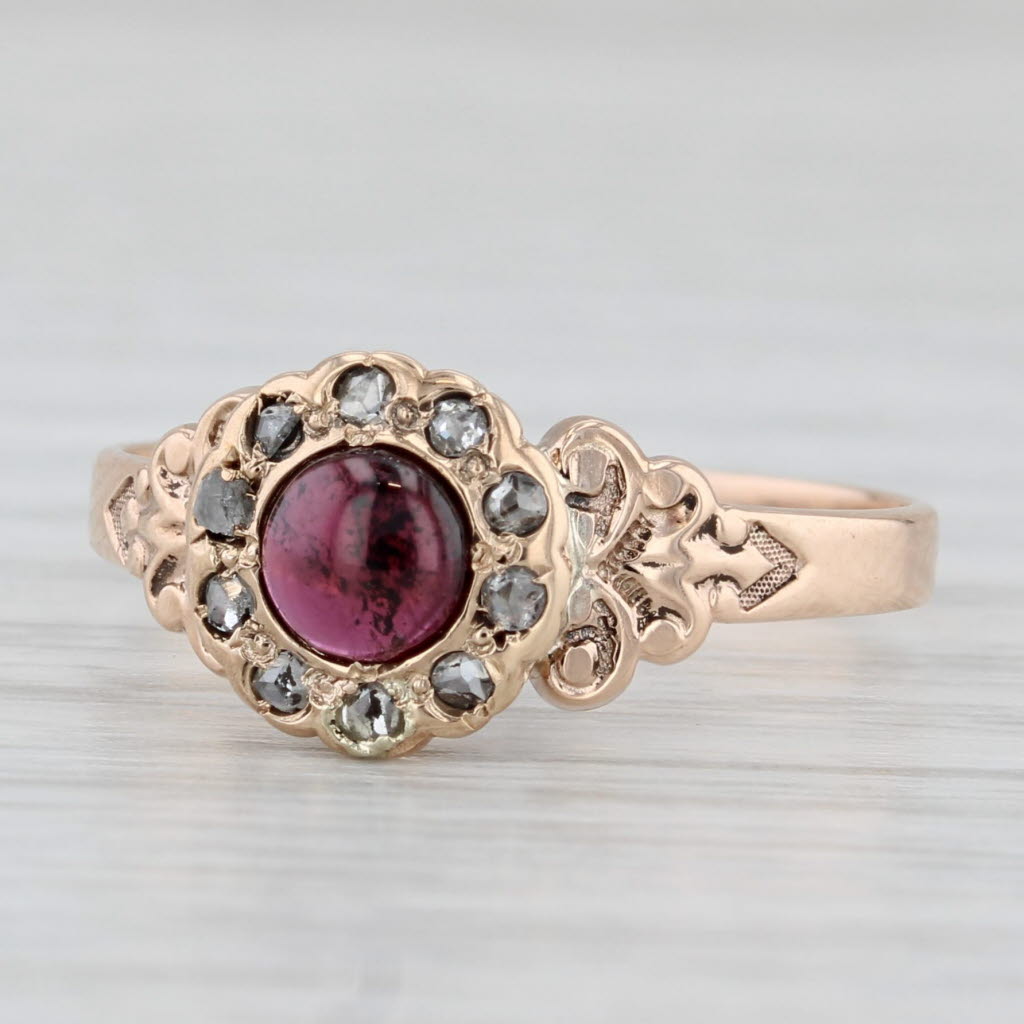 Light Gray Victorian Antique Garnet Diamond Halo Ring 10k Rose Gold Size 7.75