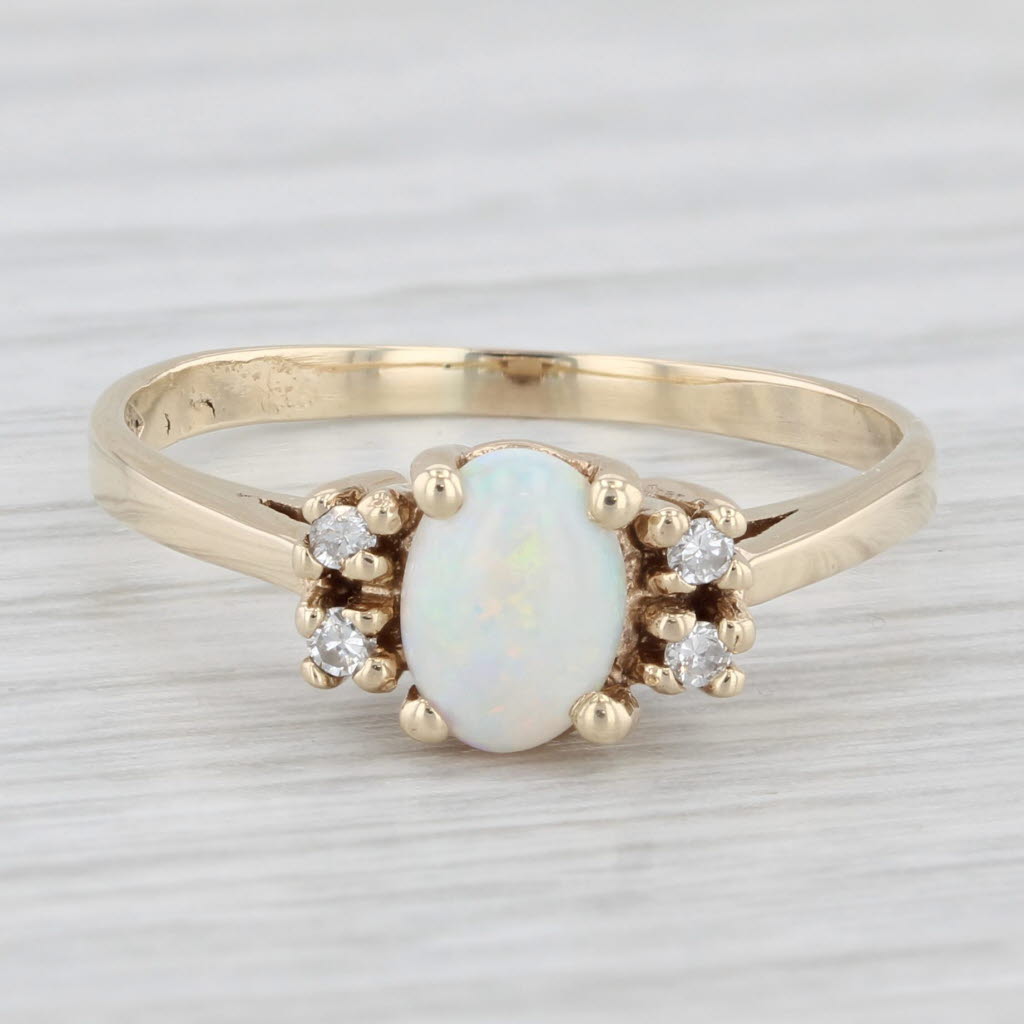 Light Gray Opal Oval Cabochon Diamond Ring 14k Yellow Gold Size 7.75