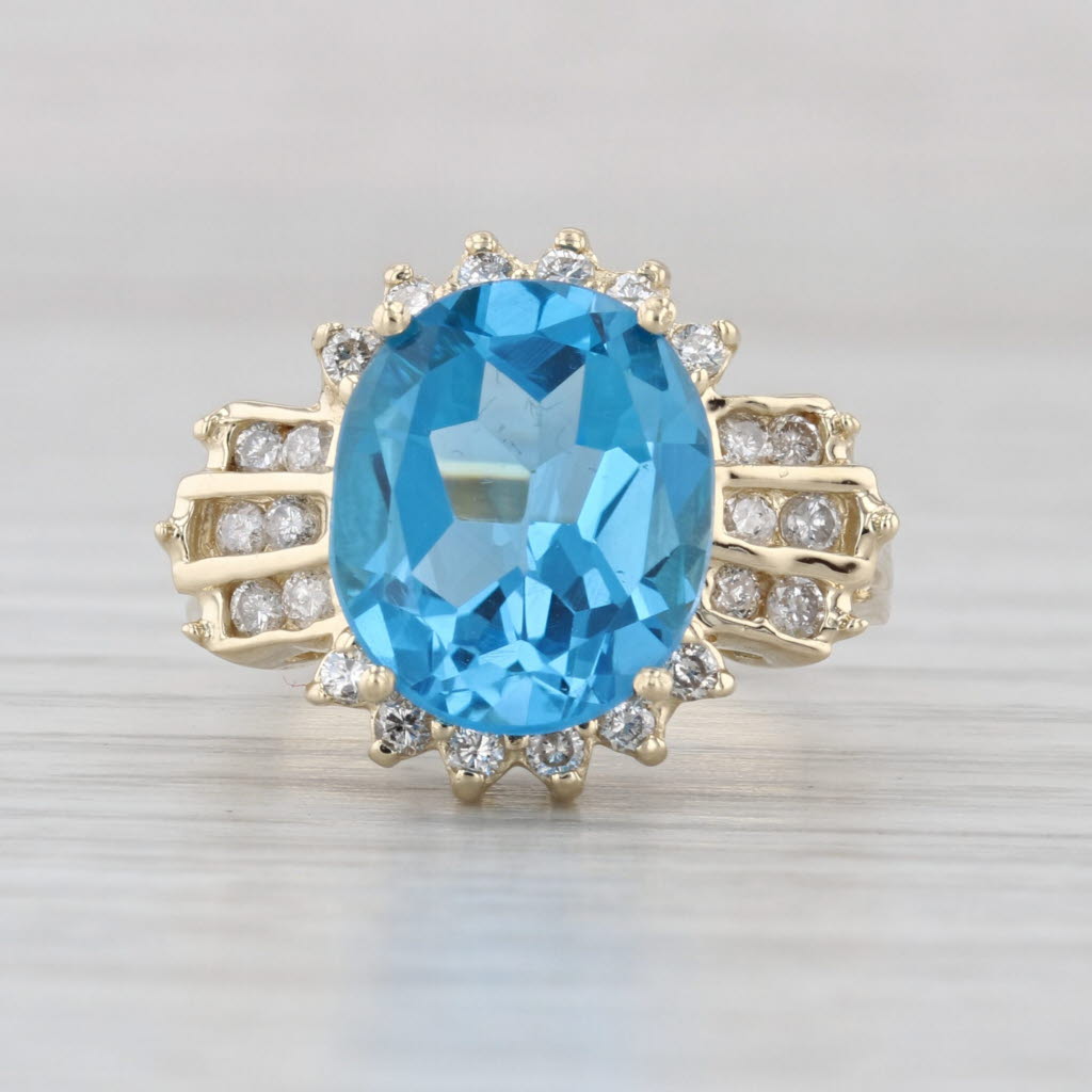 5.58ctw Oval Blue Topaz Diamond Halo Ring 14k Yellow Gold Size 6