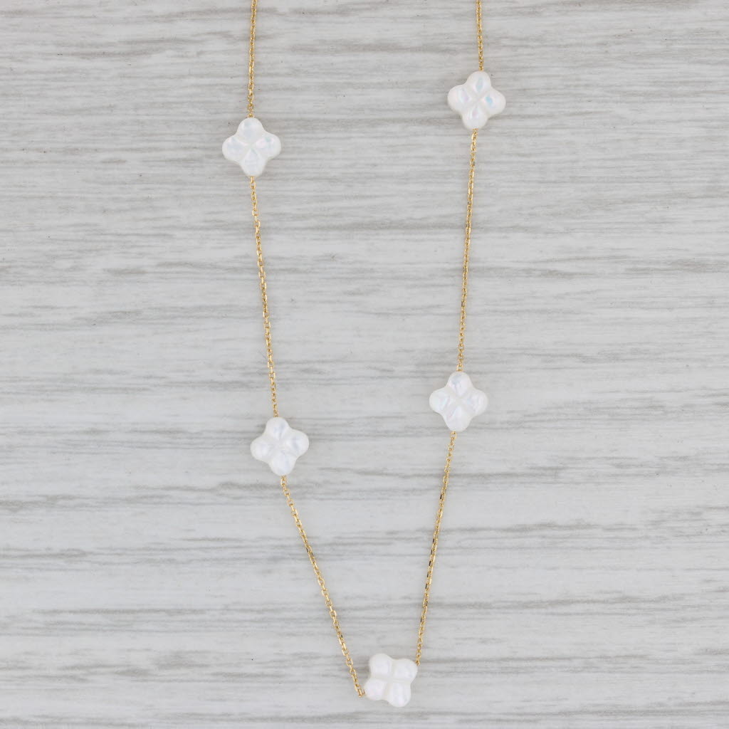 Gray Mother of Pearl Quatrefoil Clover Flower Stations Necklace 18" 14k Yellow Gold