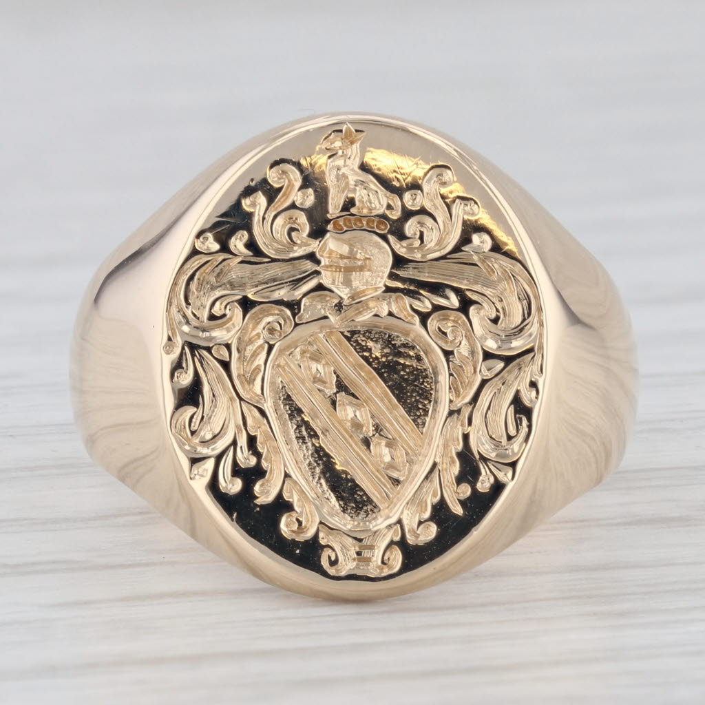 Gray Vintage Hand Engraved Coat of Arms Seal Signet Ring 14k Yellow Gold Size 8.75