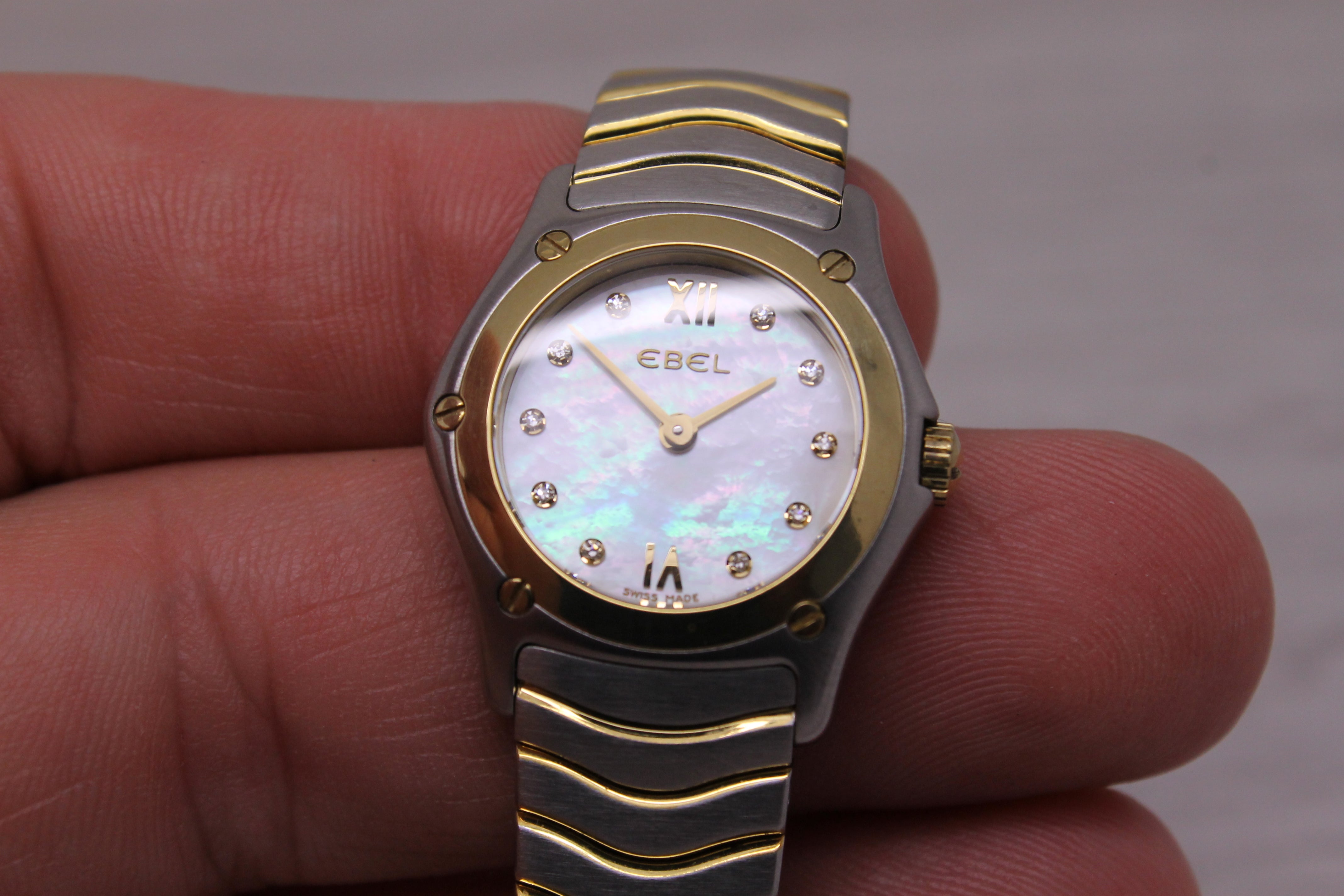 Dim Gray Ebel Ladies Classic Wave Steel & 18k Quartz Watch MOP Diamond Dial MINT w Box