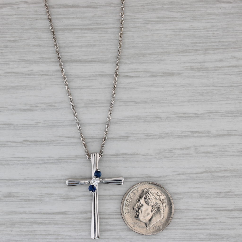 Gray 0.21ctw Blue Sapphire Diamond Cross Pendant Necklace 14k Gold 20" Rolo Chain