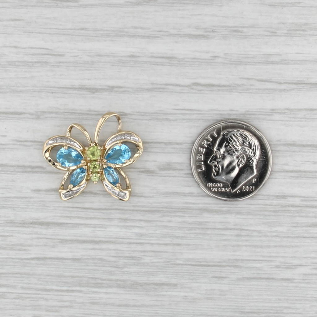 1.62ctw Blue Topaz Peridot Diamond Butterfly Pendant 10k Yellow Gold