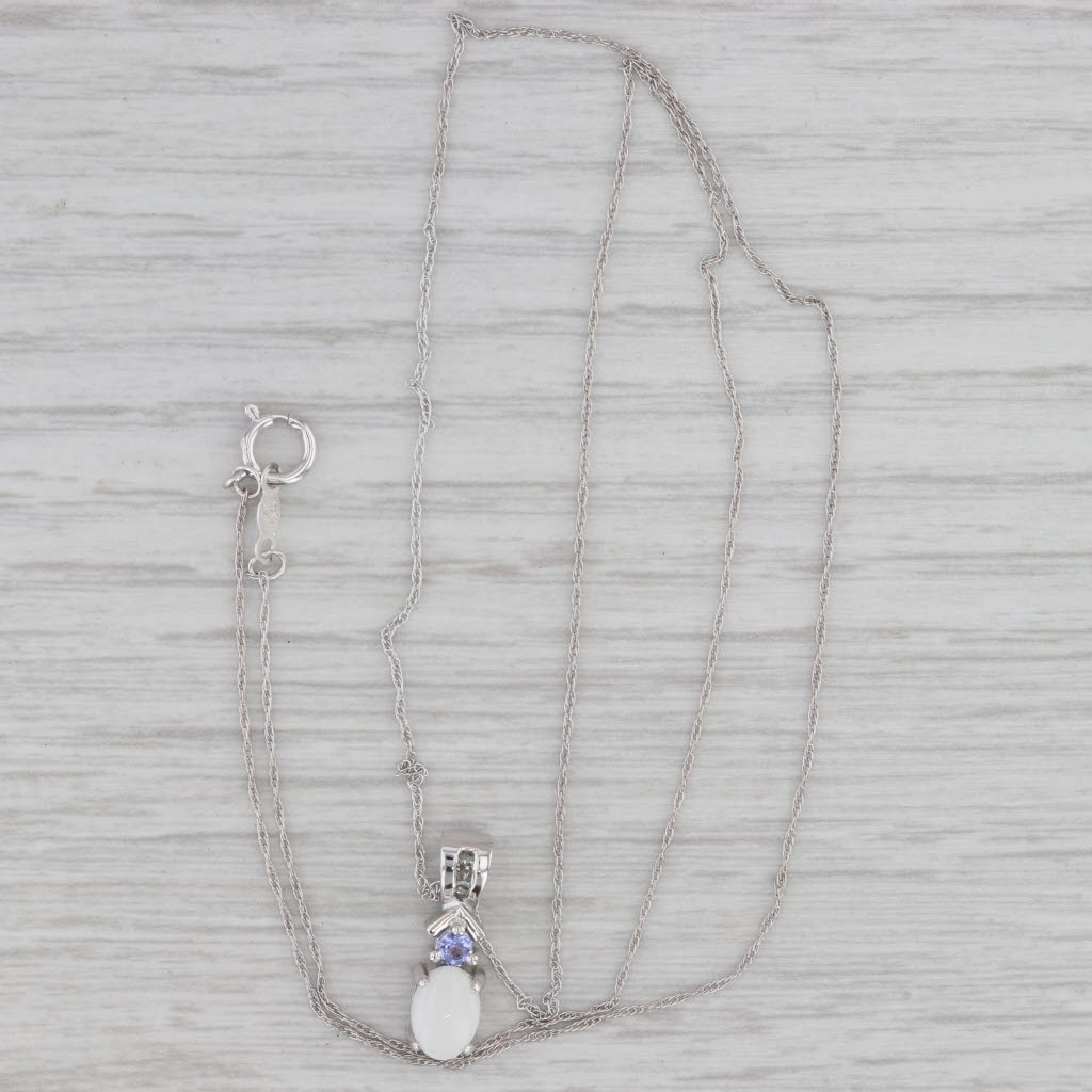 Gray Opal Tanzanite Pendant Necklace 14k White Gold 19.5" Rope Chain