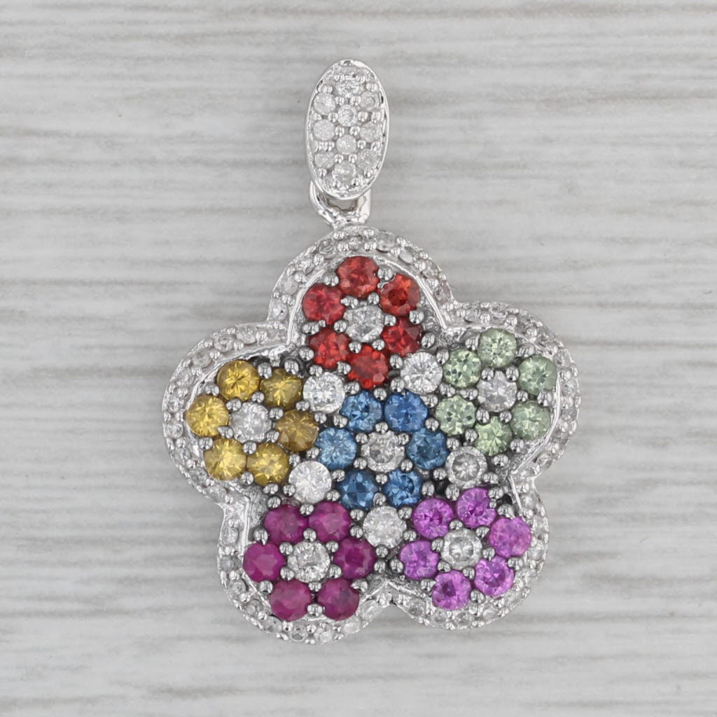 Gray 1.34ctw Multicolor Sapphire Diamond Flower Pendant 14k White Gold Floral