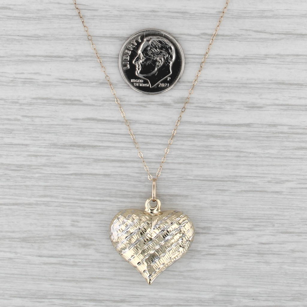 Crosshatch -Toned Puffy Heart Pendant Necklace 10k Yellow White Gold 18.25"