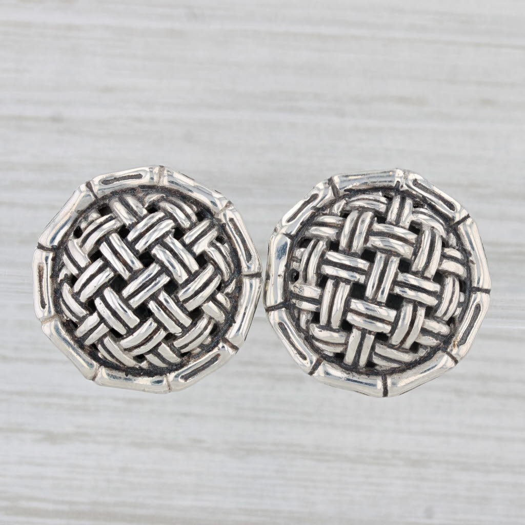Light Gray John Hardy Crosshatch Button Stud Earrings Sterling Silver Omega Back Clip On