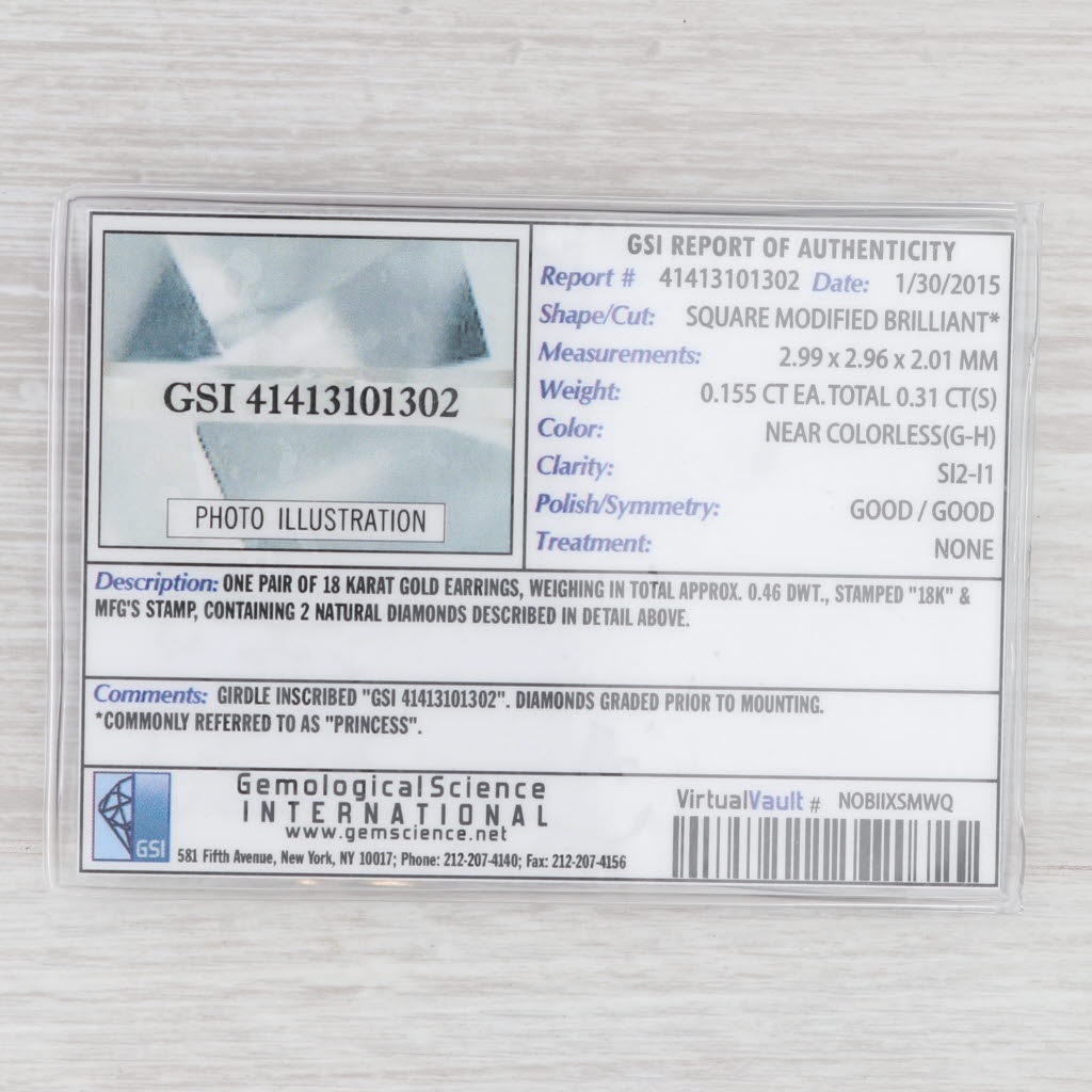 Light Gray 0.31ctw Princess Diamond Solitaire Stud Earrings 18K White Gold GSI Certificate