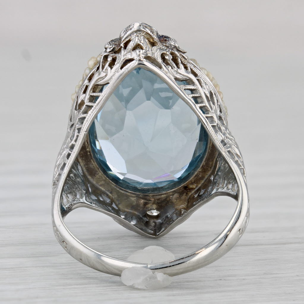 Gray Vintage Lab Created Blue Spinel Diamond Pearls Filigree Ring 14k White Gold Sz 6