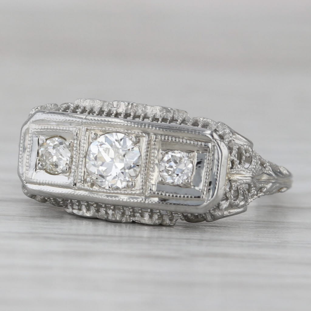 Gray Art Deco 0.41ctw Diamond 3-Stone Ring 18k White Gold Size 5.25 Old European
