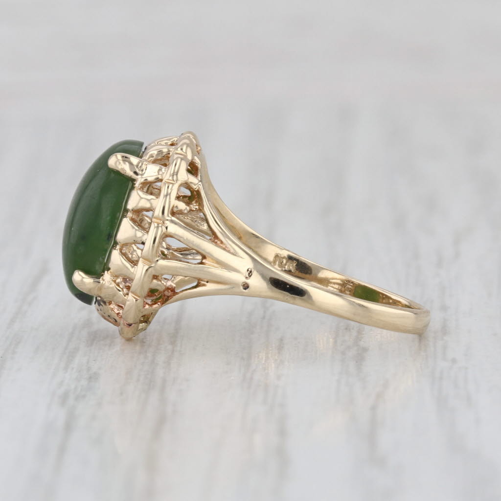 Green Nephrite Jade Oval Cabochon Solitaire Ring 10k Yellow Gold Size 7.25