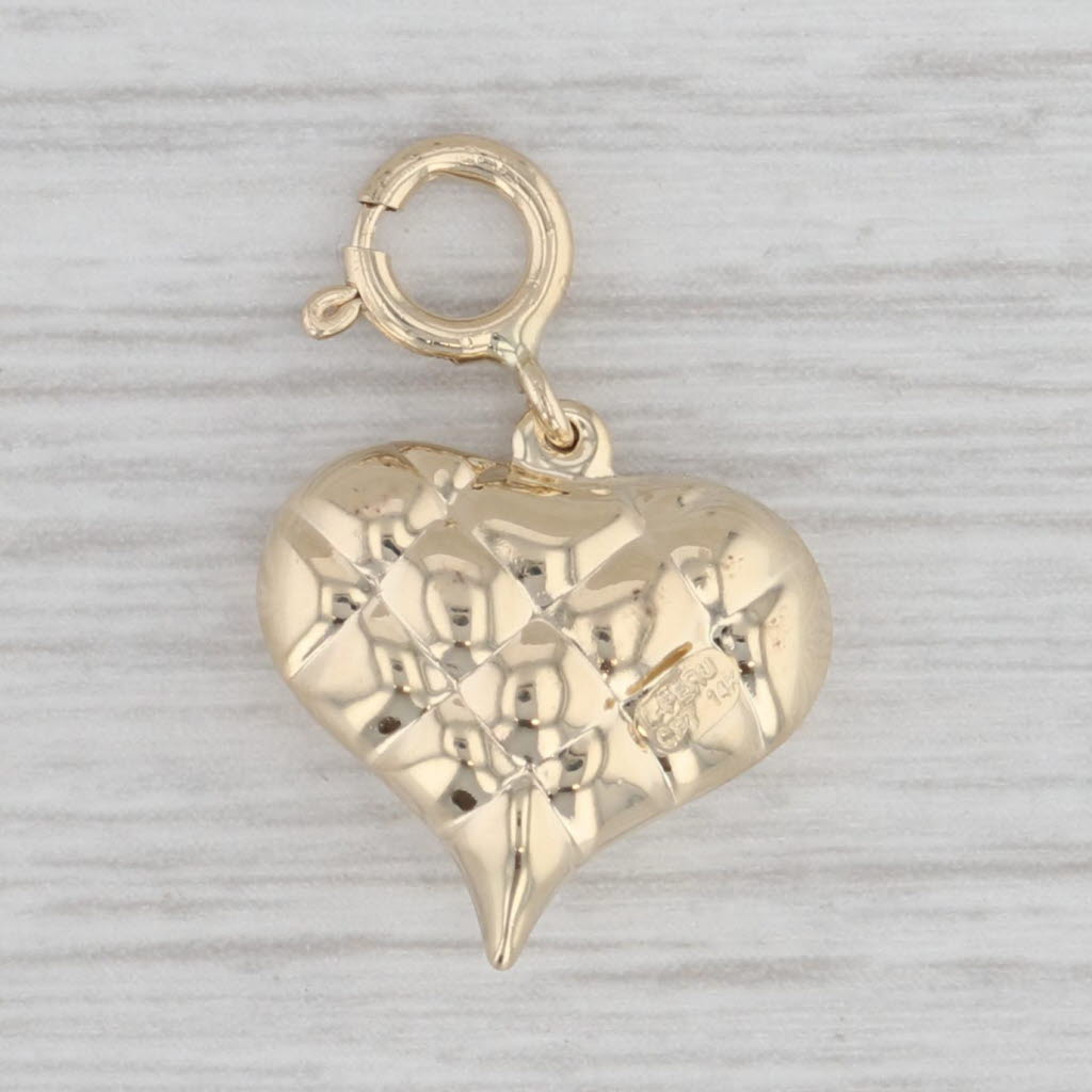 Gray Crosshatch Puffy Heart Charm 14k Yellow Gold Pendant