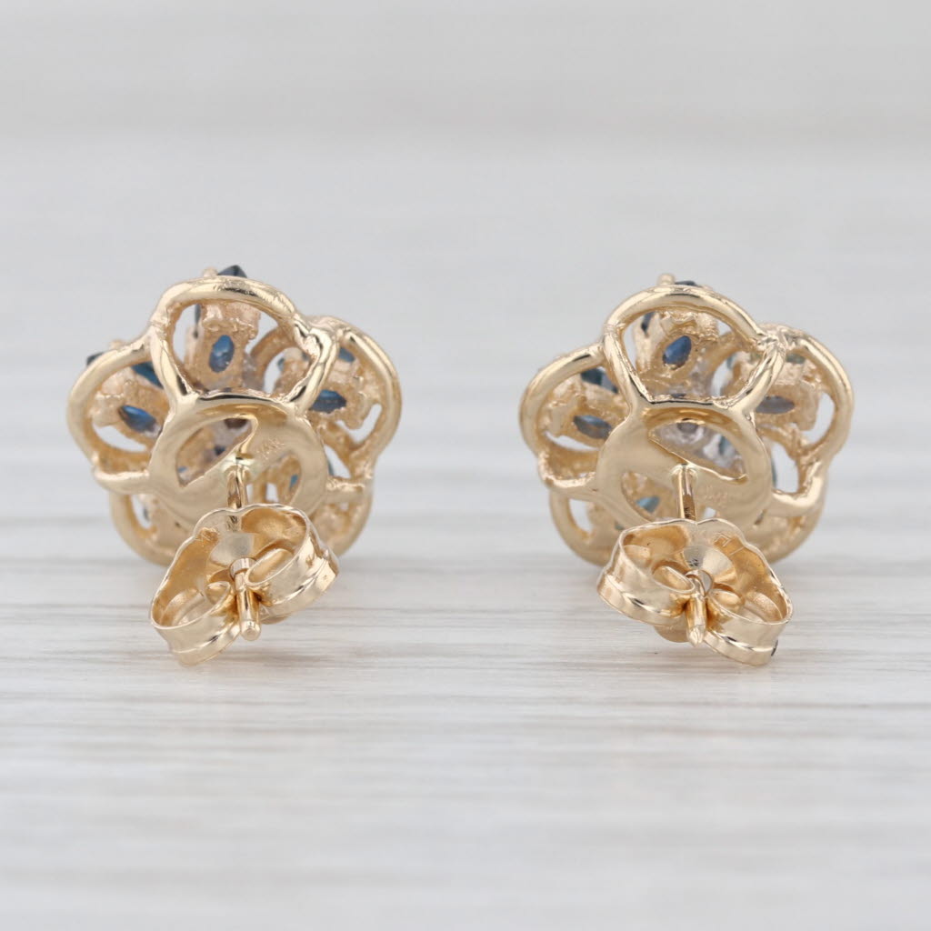 0.80ctw Sapphire Flower Stud Earrings 14k Yellow Gold Studs Diamond Accents