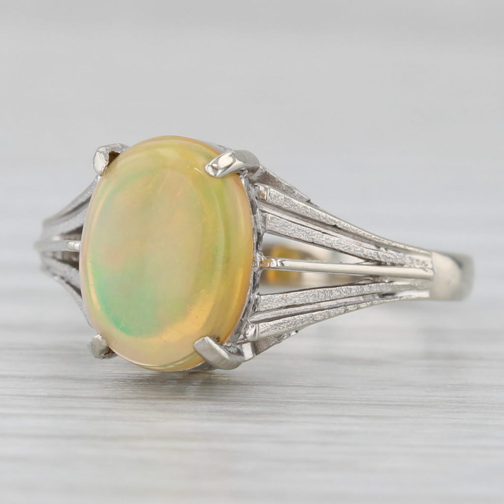 Gray Rainbow Yellow Opal Solitaire Ring 14k White Gold Size 6.25