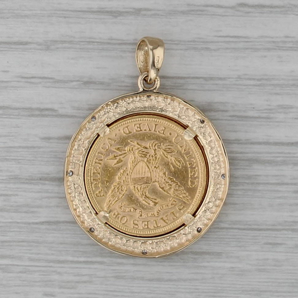 1895 $5 Liberty American Gold Eagle Coin Diamond Bezel Pendant 14k 900 Gold