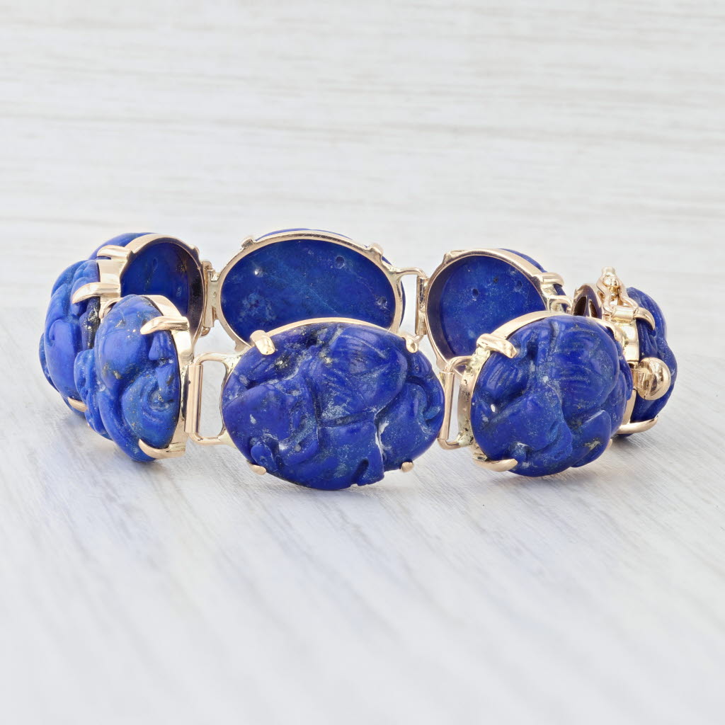 Ornate Carved Oval Cabochon Lapis Lazuli Bracelet 14k Yellow Gold 6.75" 14.4mm