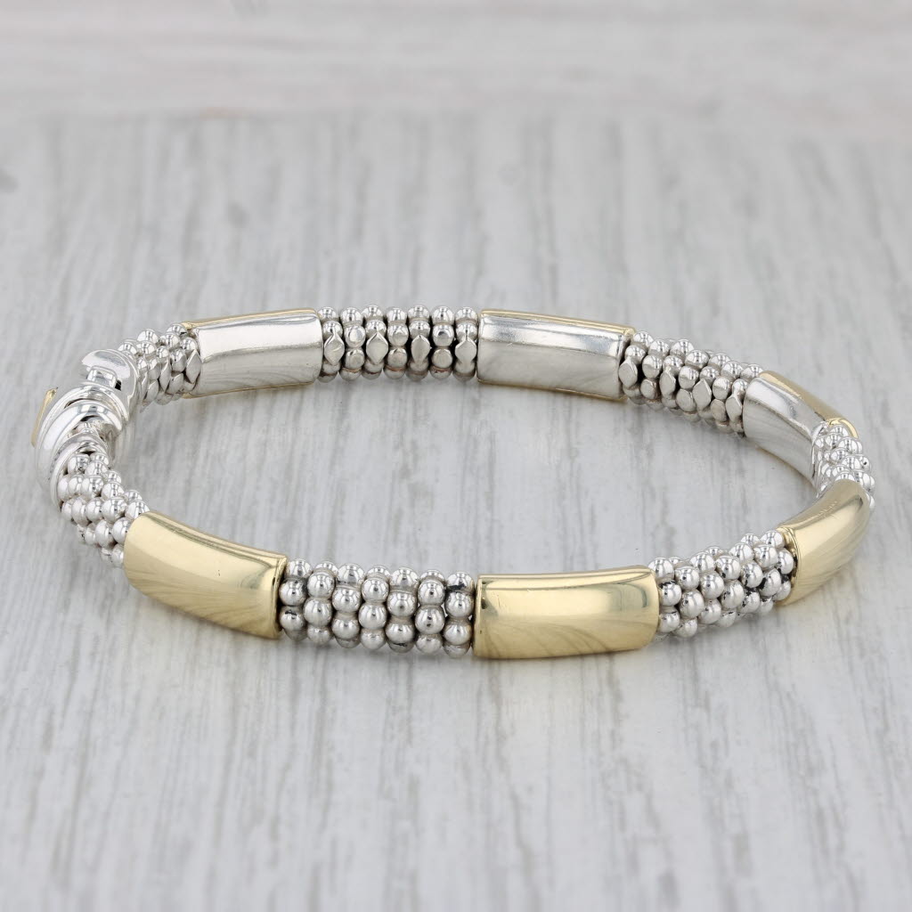 Gray Lagos Caviar Six Station Bracelet Sterling Silver 18k Gold Pouch Booklet 6.75"