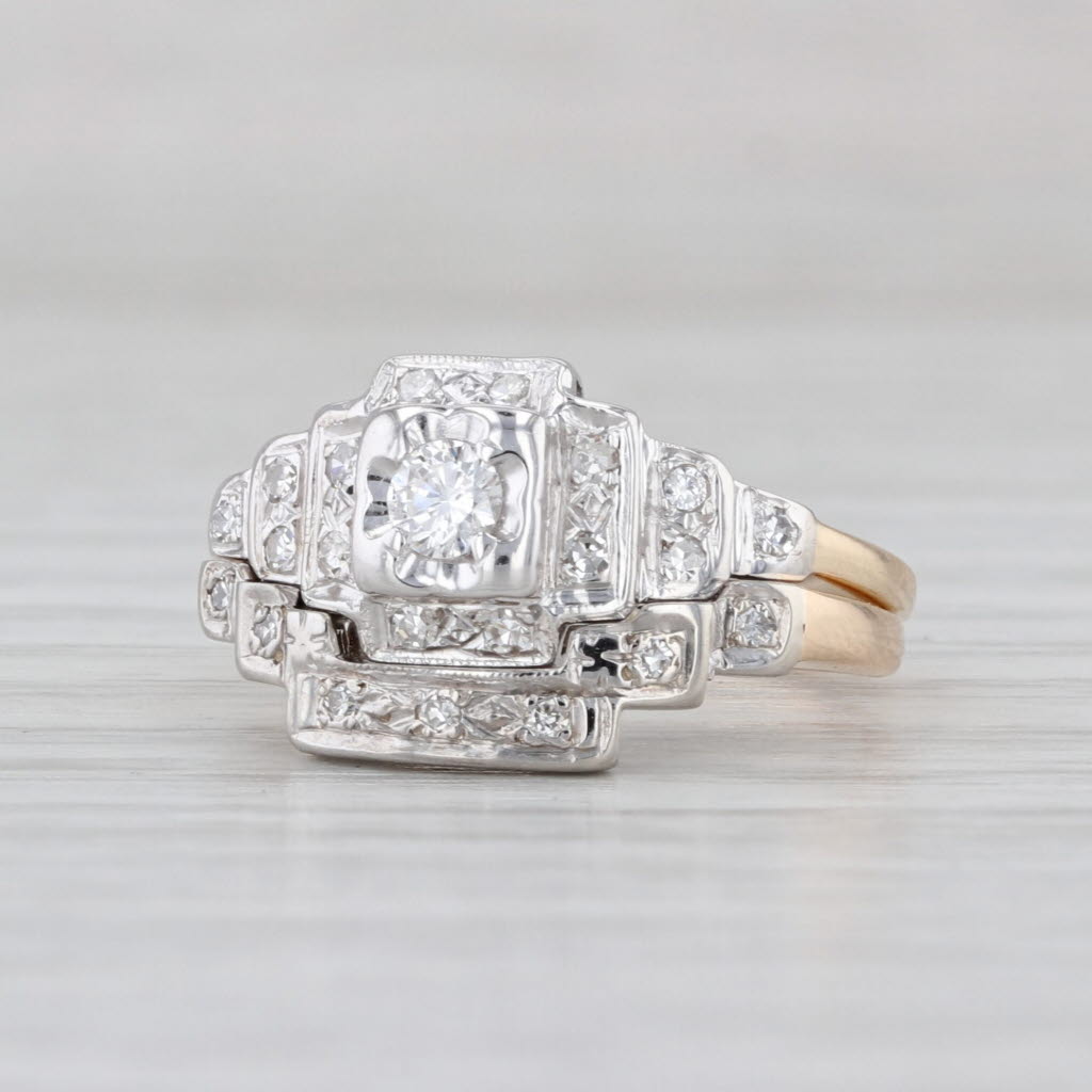 Vintage 0.28ctw Diamond Wedding Band Engagement Ring Bridal Set 14k Gold Sz 4.75