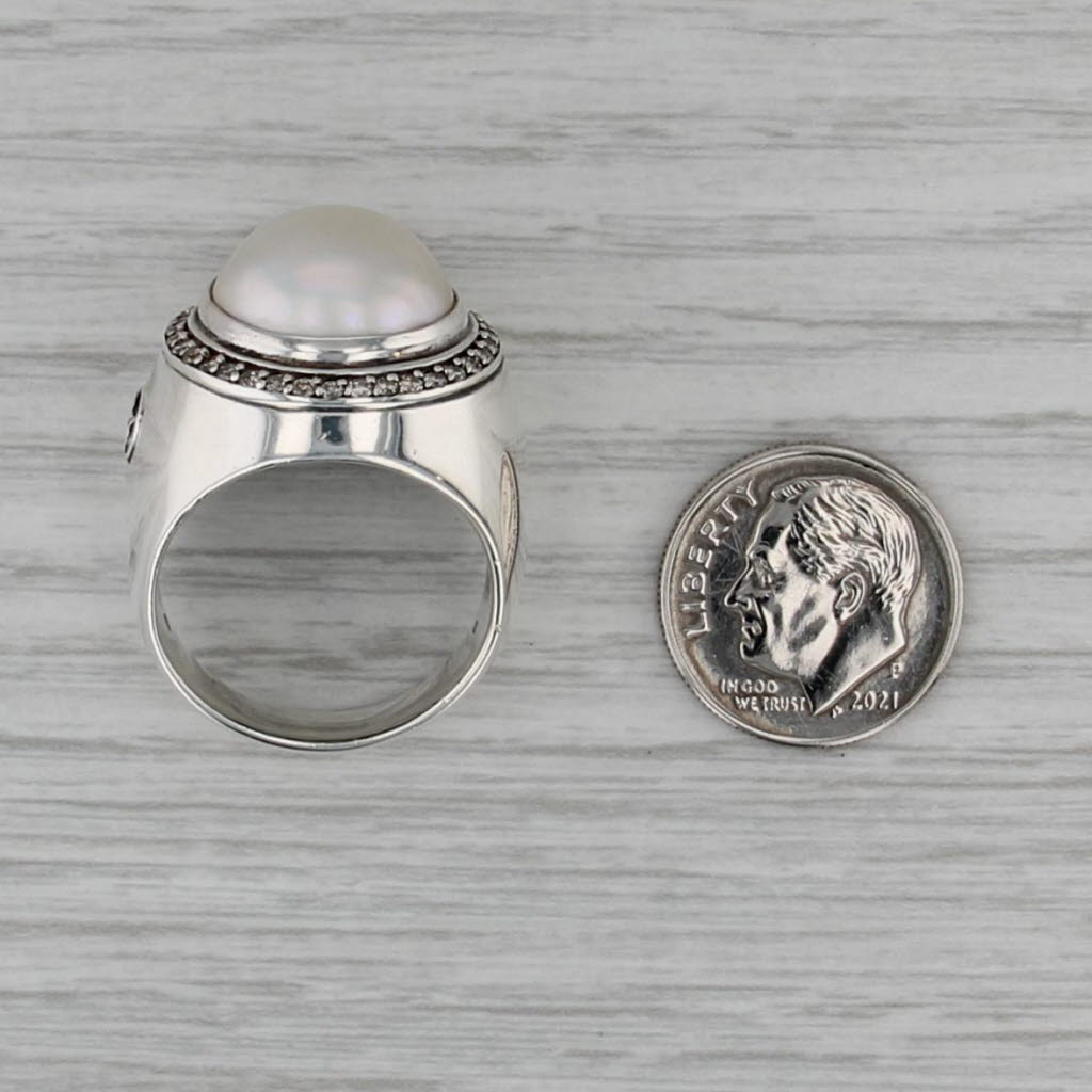 David Yurman Cultured Mabe Pearl Diamond Halo Ring Sterling Silver Size 9