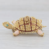 Turtle Brooch 14k Yellow Gold Coral Green Chalcedony Vintage Pin
