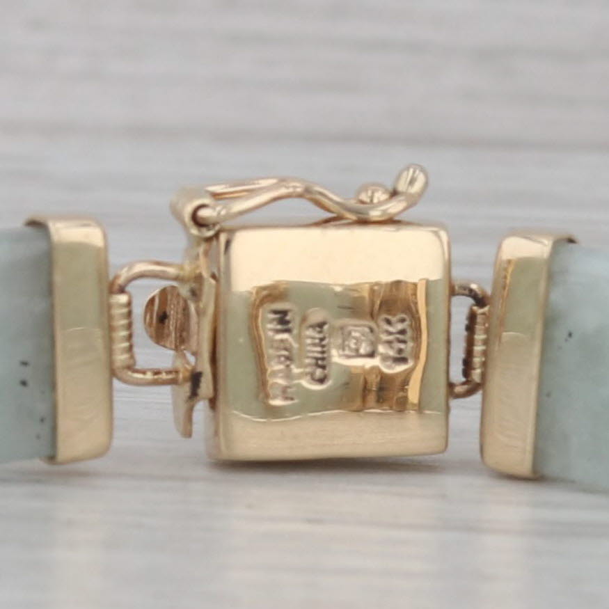 Gray Green Jadeite Jade Chinese Calligraphy Link Bracelet 14k Yellow Gold 7.75"