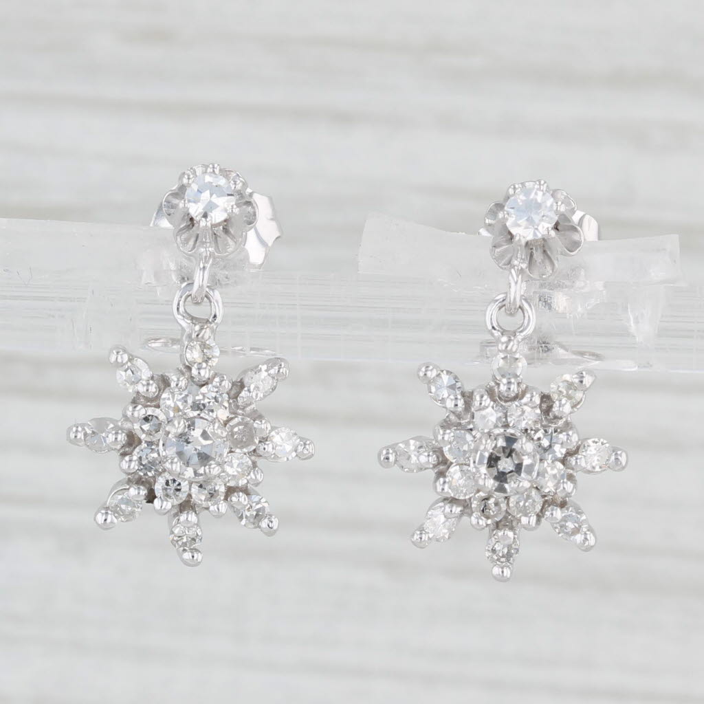 Light Gray 0.58ctw Diamond Snowflake Flower Dangle 14k White Gold
