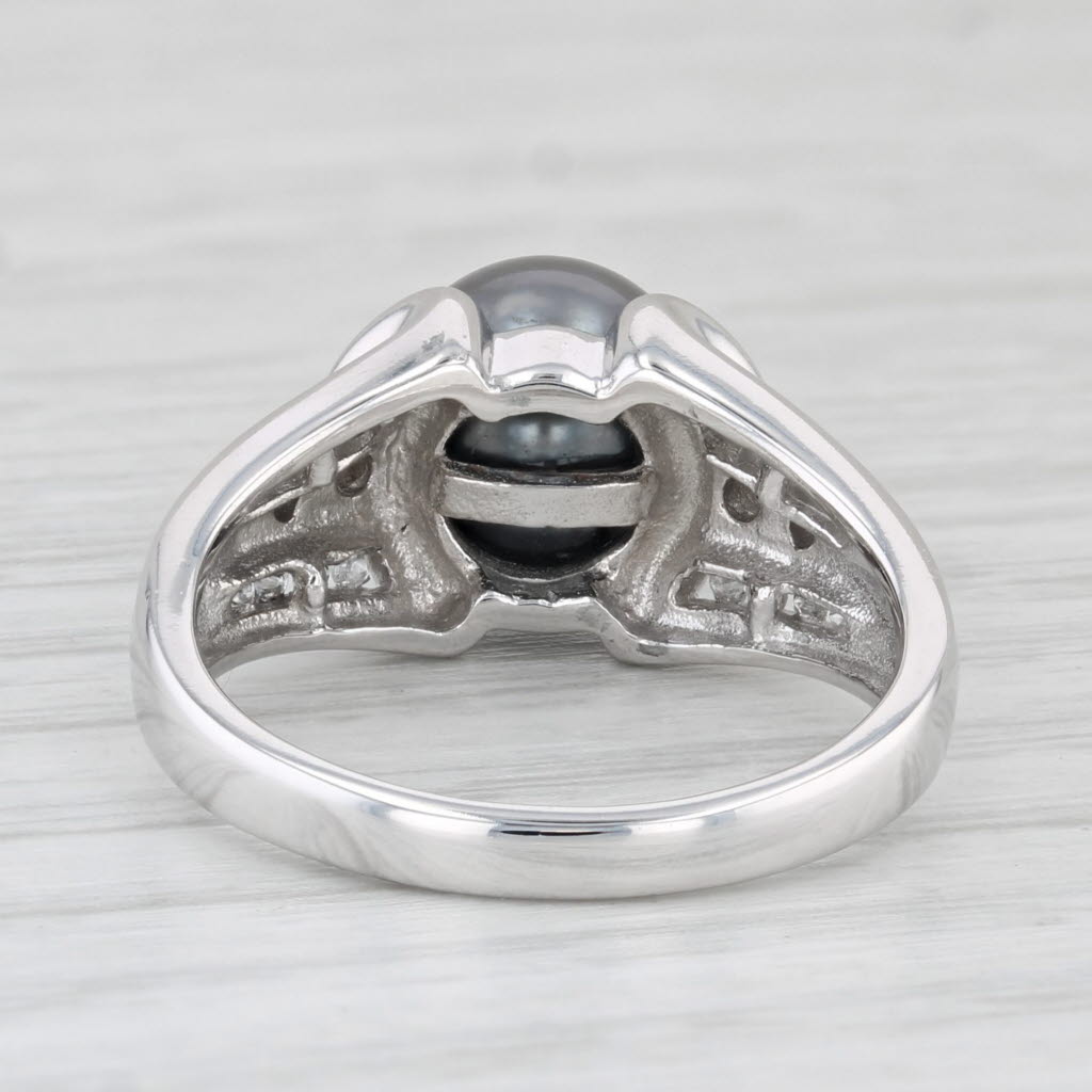 Light Gray Black Cultured Pearl 0.26ctw Diamond Ring 14k White Gold Size 7.25