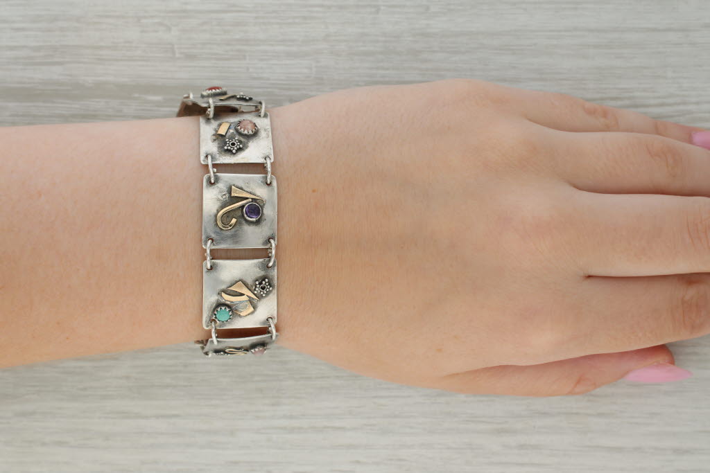 Rosy Brown Vintage Artisan Gemstone Panel Bracelet Sterling Silver 14k Gold Statement 7.25"