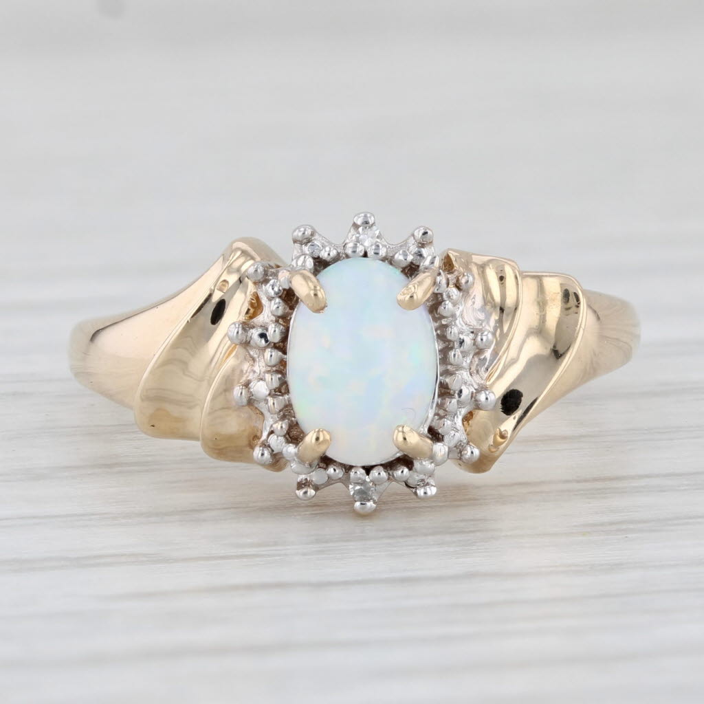 Light Gray Lab Created Opal Diamond Ring 10k Yellow Gold Size 7.25