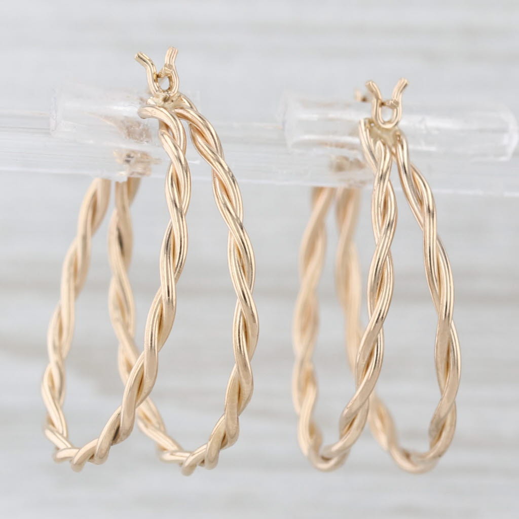 Light Gray Woven Double Hoop Earrings 14k Yellow Gold Snap Top Round Hoops