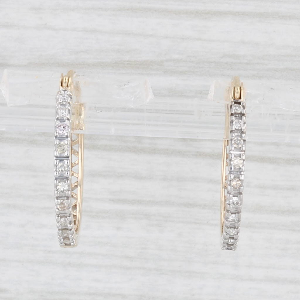 Light Gray Diamond Hoop Earrings 10k Yellow Gold Snap Top Round Hoops