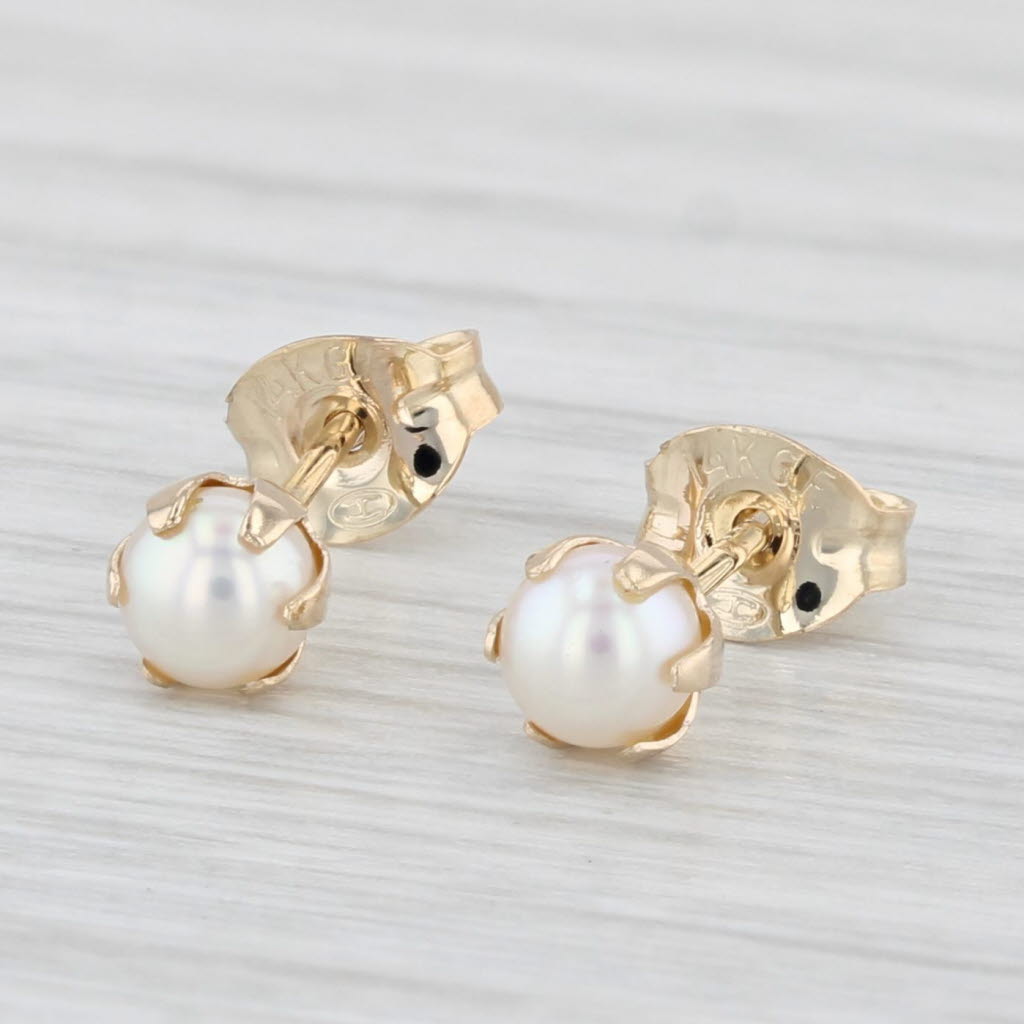 Light Gray Cultured Pearl Stud Earrings 14k Yellow Gold Round Solitaire Studs