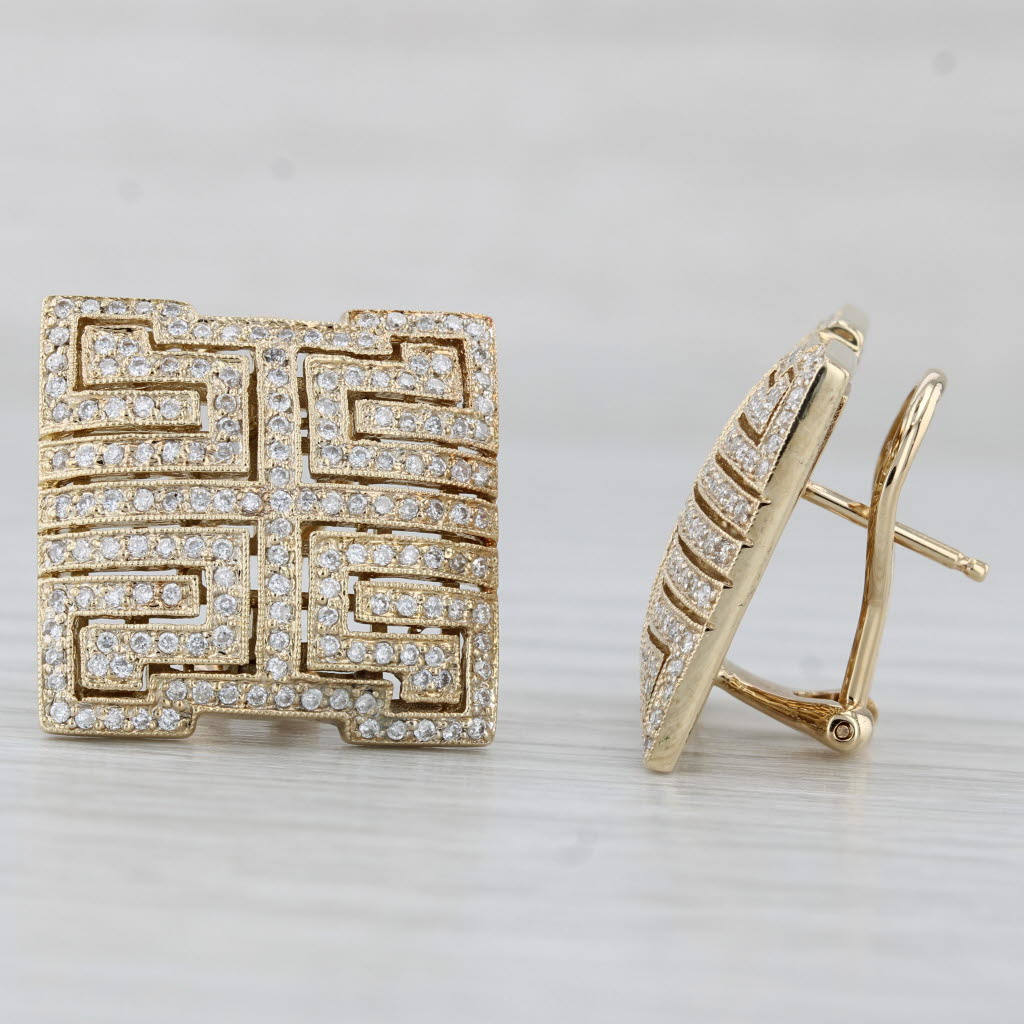 Light Gray 1.10ctw Diamond Maze Openwork Drop Earrings 14k Yellow Gold Omega Backs