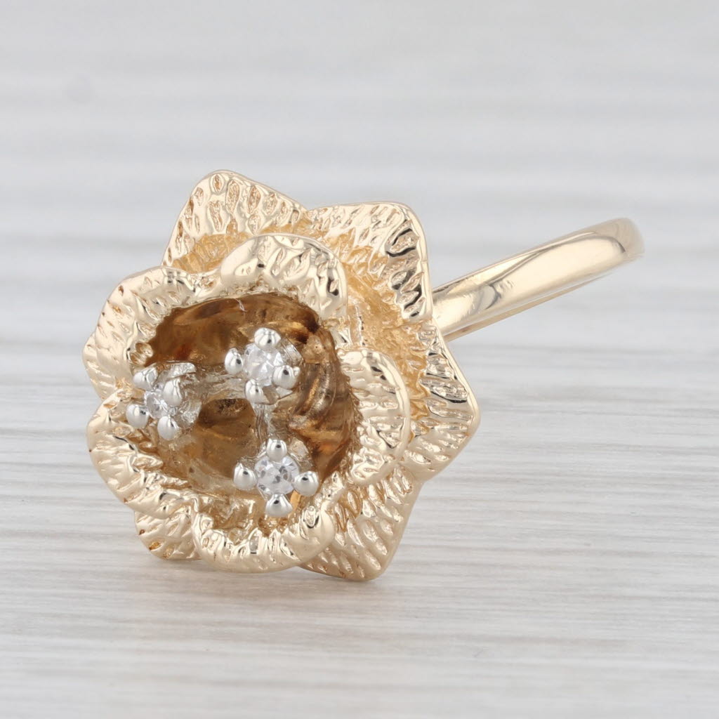 Light Gray Diamond Flower Ring 14K Yellow Gold Size 5 Vintage Floral 3-Stone Cluster