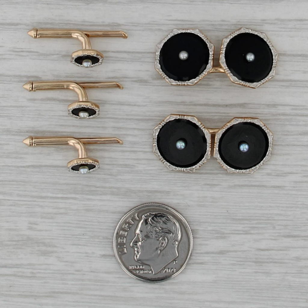 Vintage Onyx Pearl Cufflinks Shirt Studs Set 14k Gold Platinum Suite Accessories