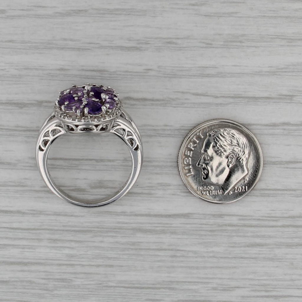 New Amethyst Cluster Diamond Halo Ring Sterling Silver Purple Stone Cocktail S 7