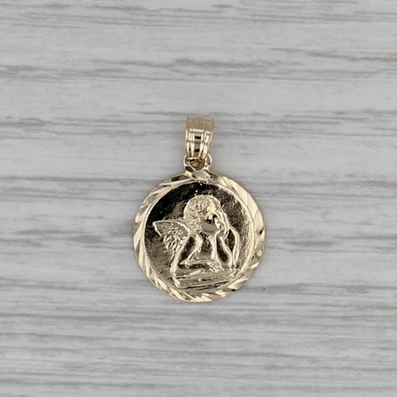Guardian Angel Pendant 14k Yellow Gold Small Drop Winged Cherub Charm
