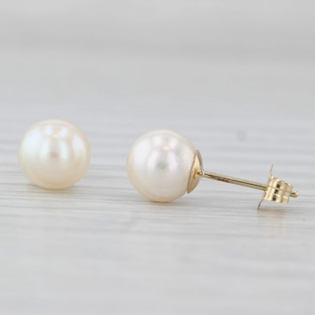 Light Gray 6.5mm Round Cultured Pearl Bead Stud Earrings 14k Yellow Gold
