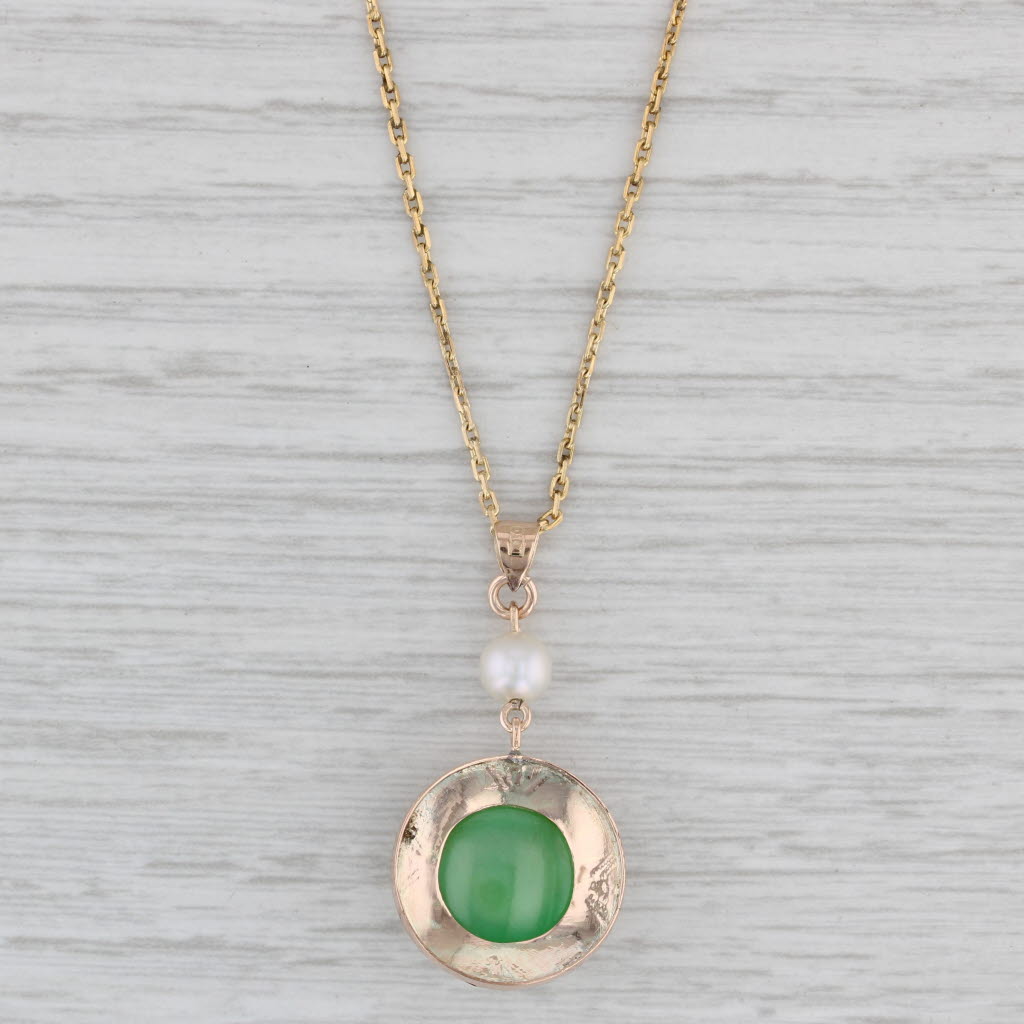 Gray Jadeite Jade Cultured Pearl Pendant Necklace 10k Yellow Gold 15.5" Cable Chain